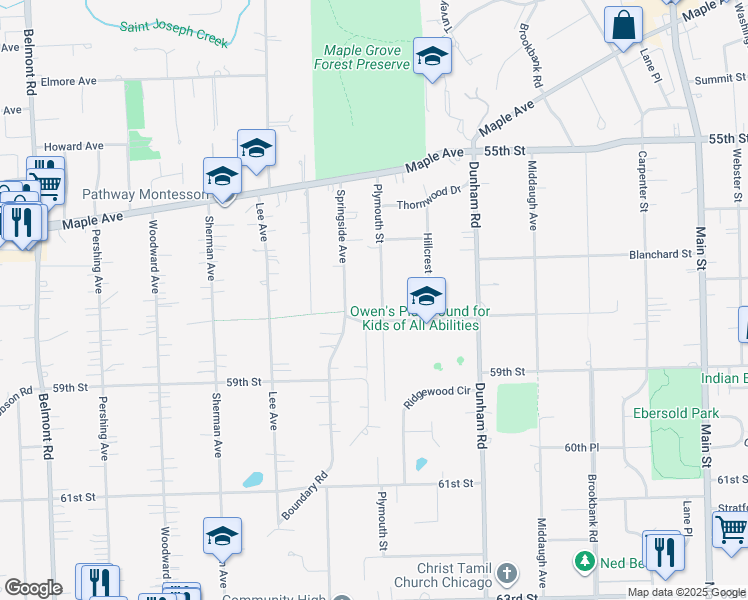 map of restaurants, bars, coffee shops, grocery stores, and more near 5732 Plymouth Street in Downers Grove