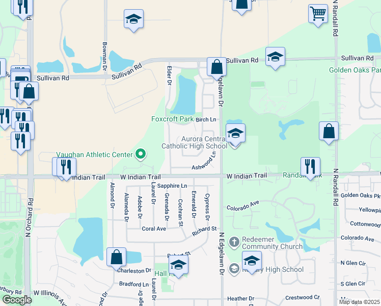 map of restaurants, bars, coffee shops, grocery stores, and more near 1282 Appletree Lane in Aurora