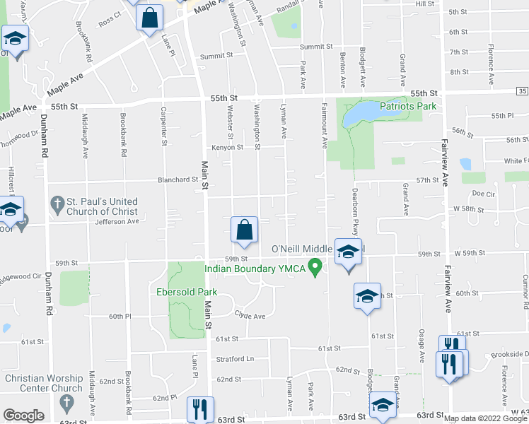 map of restaurants, bars, coffee shops, grocery stores, and more near 5745 Washington Street in Downers Grove