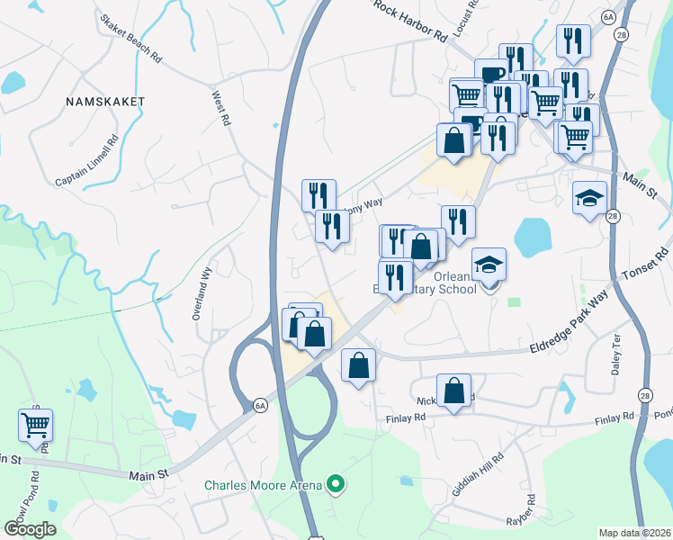 map of restaurants, bars, coffee shops, grocery stores, and more near 20 West Road in Orleans