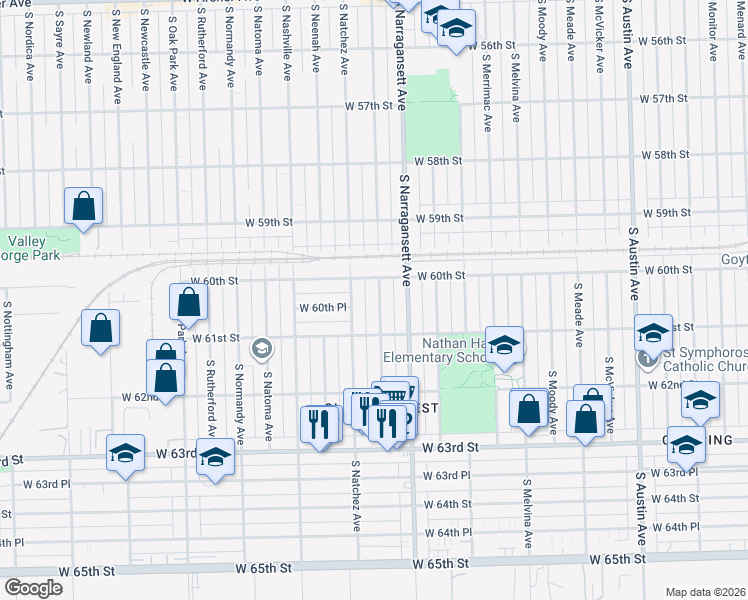 map of restaurants, bars, coffee shops, grocery stores, and more near 6020 South Nagle Avenue in Chicago