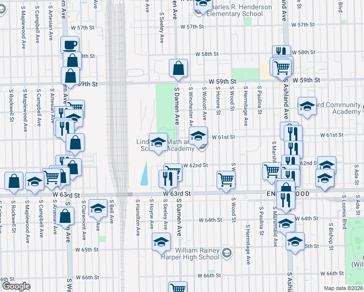 map of restaurants, bars, coffee shops, grocery stores, and more near 6117 South Damen Avenue in Chicago