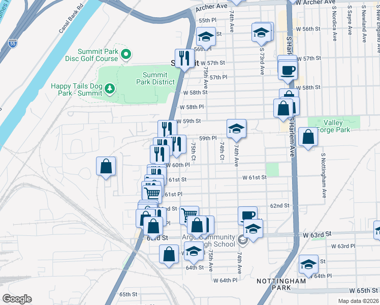 map of restaurants, bars, coffee shops, grocery stores, and more near 6060 75th Court in Summit