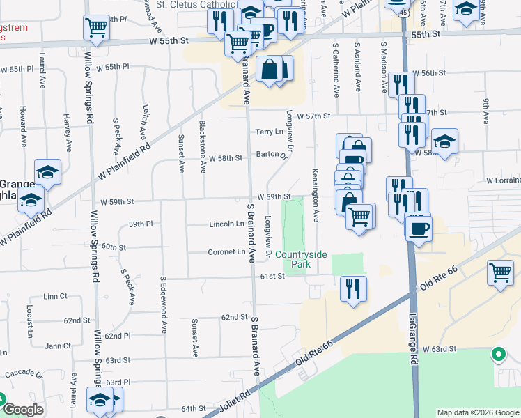 map of restaurants, bars, coffee shops, grocery stores, and more near 5908 Longview Drive in Countryside