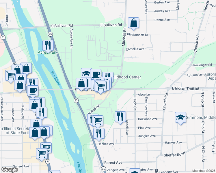 map of restaurants, bars, coffee shops, grocery stores, and more near 1220 Mitchell Road in Aurora