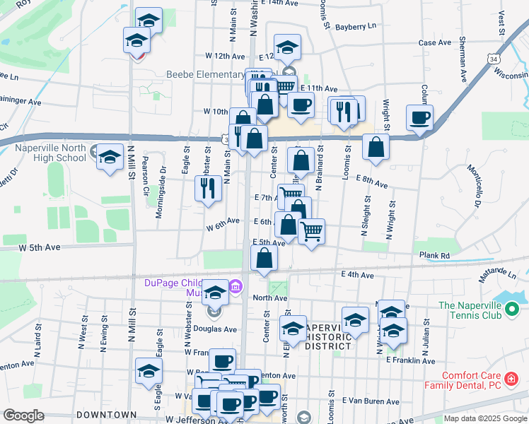 map of restaurants, bars, coffee shops, grocery stores, and more near 615 North Center Street in Naperville