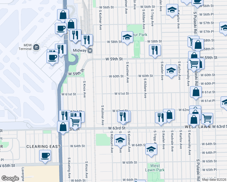 map of restaurants, bars, coffee shops, grocery stores, and more near 6053 South Kilbourn Avenue in Chicago