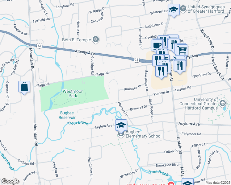 map of restaurants, bars, coffee shops, grocery stores, and more near 55 Harvest Lane in West Hartford