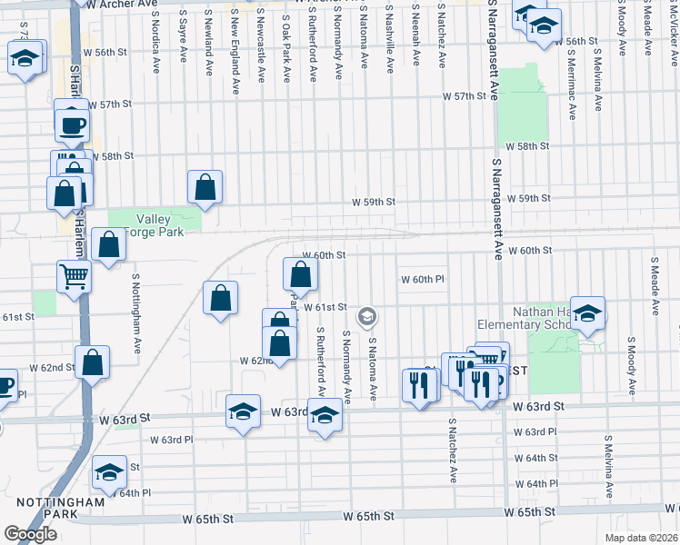 map of restaurants, bars, coffee shops, grocery stores, and more near 6018 South Normandy Avenue in Chicago