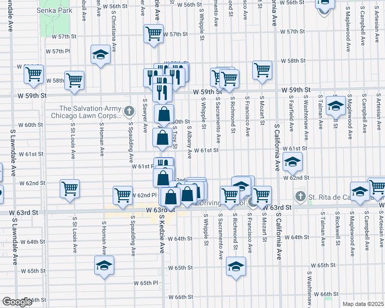 map of restaurants, bars, coffee shops, grocery stores, and more near 6105 South Albany Avenue in Chicago