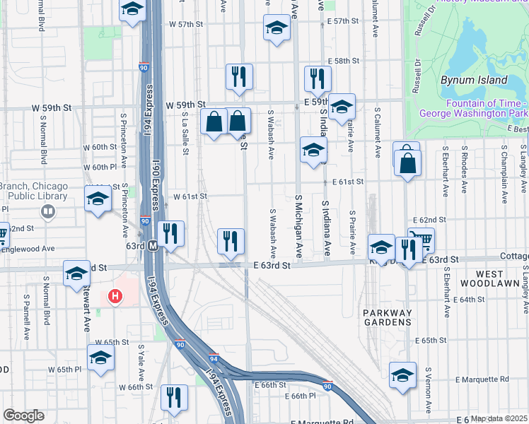 map of restaurants, bars, coffee shops, grocery stores, and more near 6140 South State Street in Chicago