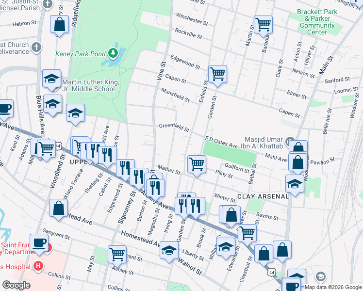 map of restaurants, bars, coffee shops, grocery stores, and more near 57 Enfield Street in Hartford
