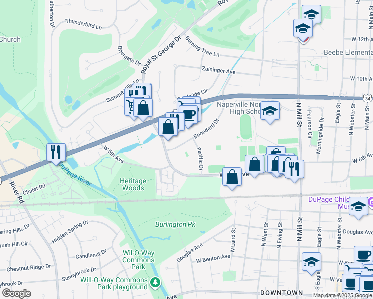 map of restaurants, bars, coffee shops, grocery stores, and more near 724 Benedetti Drive in Naperville