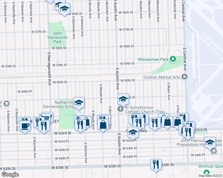 map of restaurants, bars, coffee shops, grocery stores, and more near 6029 South McVicker Avenue in Chicago