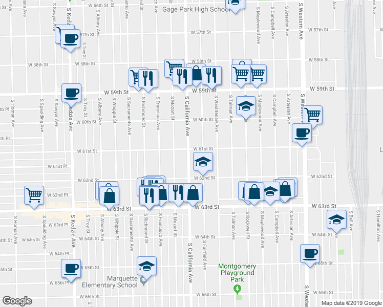 map of restaurants, bars, coffee shops, grocery stores, and more near 6107 South California Avenue in Chicago
