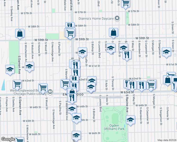 map of restaurants, bars, coffee shops, grocery stores, and more near 6123 South Laflin Street in Chicago