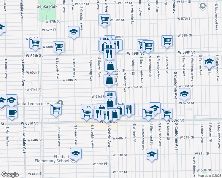 map of restaurants, bars, coffee shops, grocery stores, and more near 3149 West 61st Street in Chicago