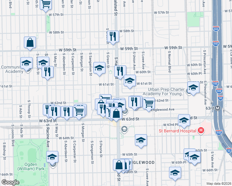 map of restaurants, bars, coffee shops, grocery stores, and more near 6128 South Halsted Street in Chicago