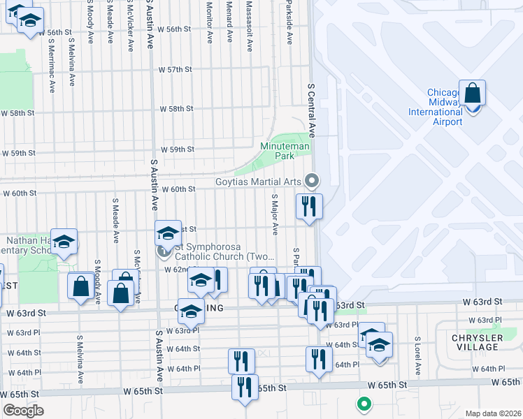map of restaurants, bars, coffee shops, grocery stores, and more near 6035 South Massasoit Avenue in Chicago