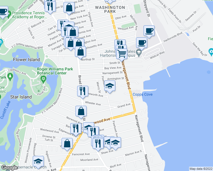 map of restaurants, bars, coffee shops, grocery stores, and more near 120 Pawtuxet Avenue in Cranston