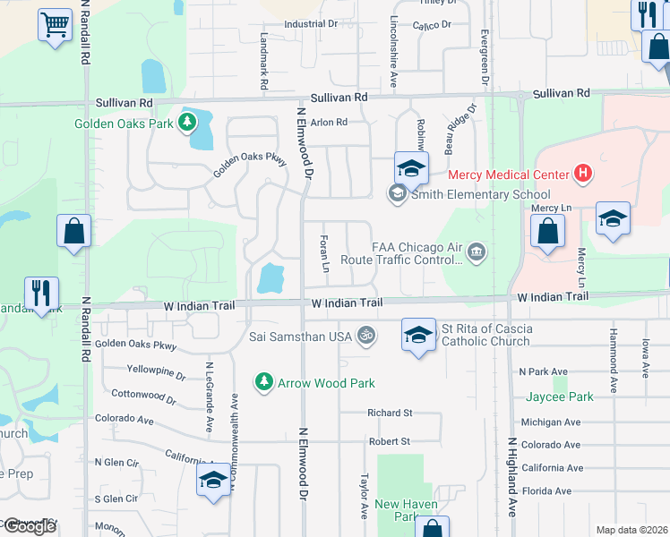 map of restaurants, bars, coffee shops, grocery stores, and more near 1261 Foran Lane in Aurora