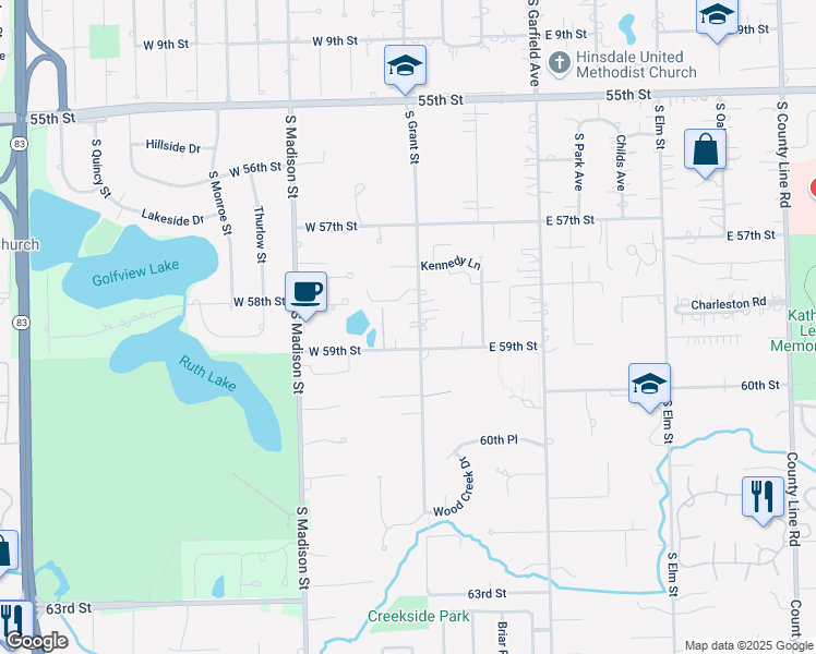 map of restaurants, bars, coffee shops, grocery stores, and more near 5834 South Grant Street in Hinsdale