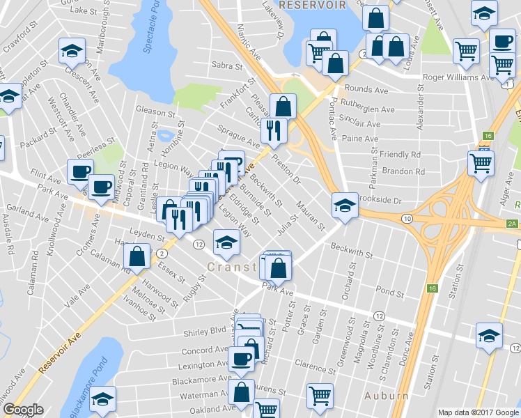 map of restaurants, bars, coffee shops, grocery stores, and more near 150 Elsie Street in Cranston