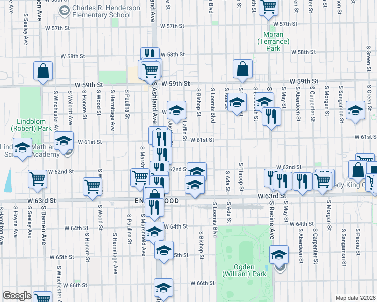 map of restaurants, bars, coffee shops, grocery stores, and more near 6123 South Laflin Street in Chicago