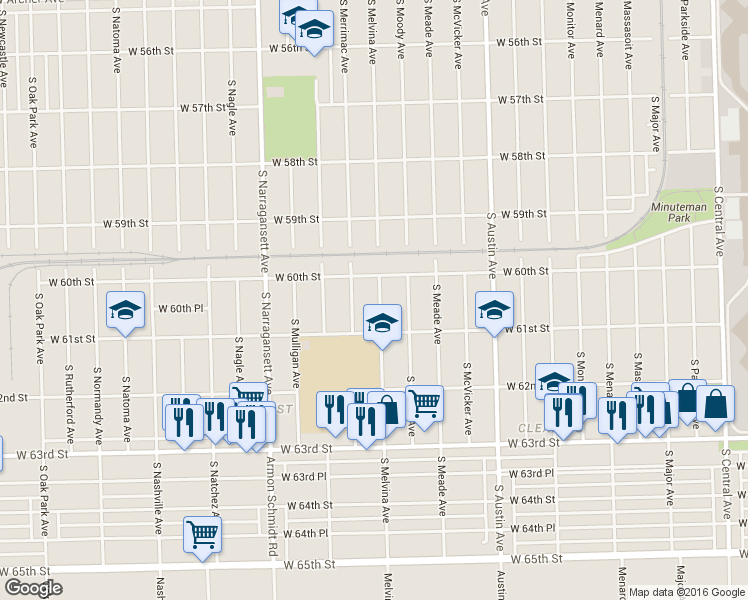map of restaurants, bars, coffee shops, grocery stores, and more near 6024 South Melvina Avenue in Chicago