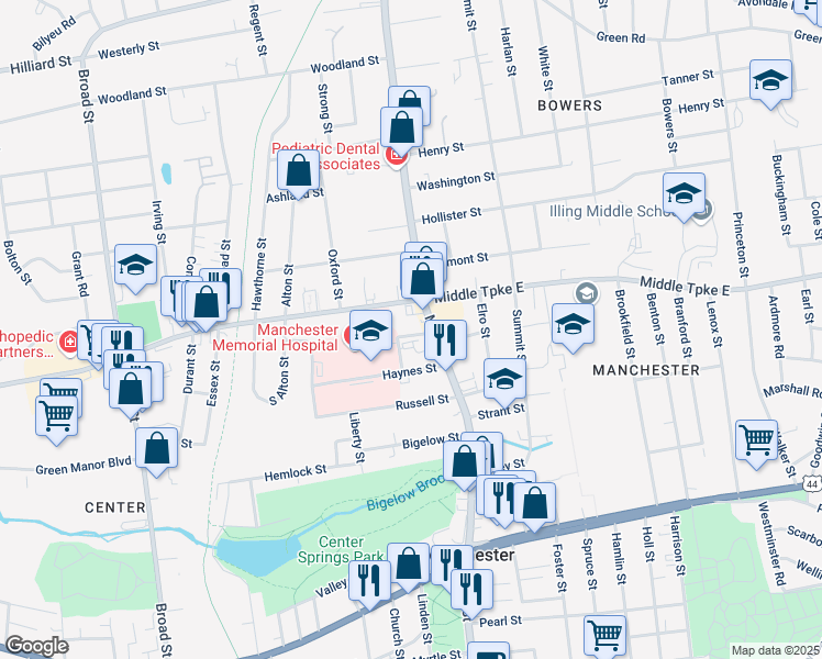 map of restaurants, bars, coffee shops, grocery stores, and more near 17 Armory Street in Manchester