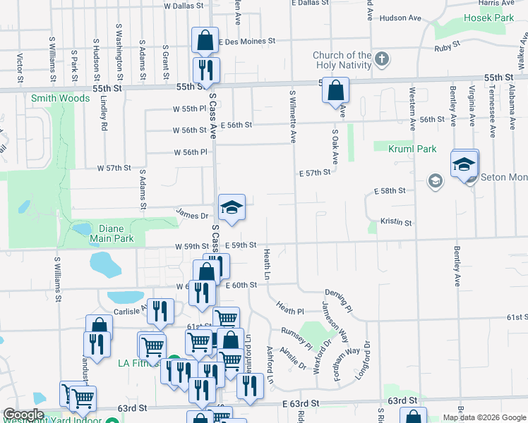 map of restaurants, bars, coffee shops, grocery stores, and more near 700 Heath Court in Westmont