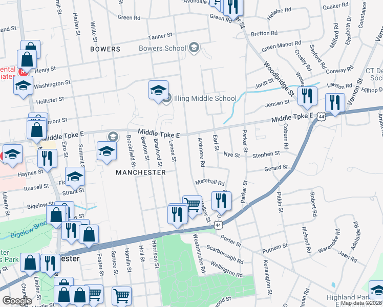 map of restaurants, bars, coffee shops, grocery stores, and more near 133 Walker Street in Manchester