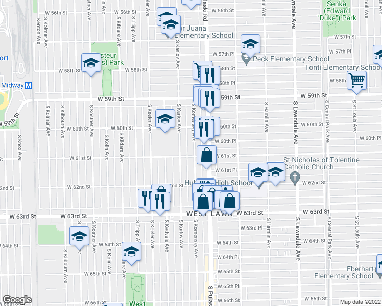 map of restaurants, bars, coffee shops, grocery stores, and more near 6054 South Komensky Avenue in Chicago