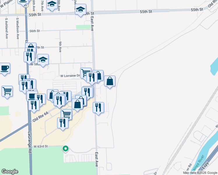 map of restaurants, bars, coffee shops, grocery stores, and more near 6015 Lenzi Avenue in Hodgkins
