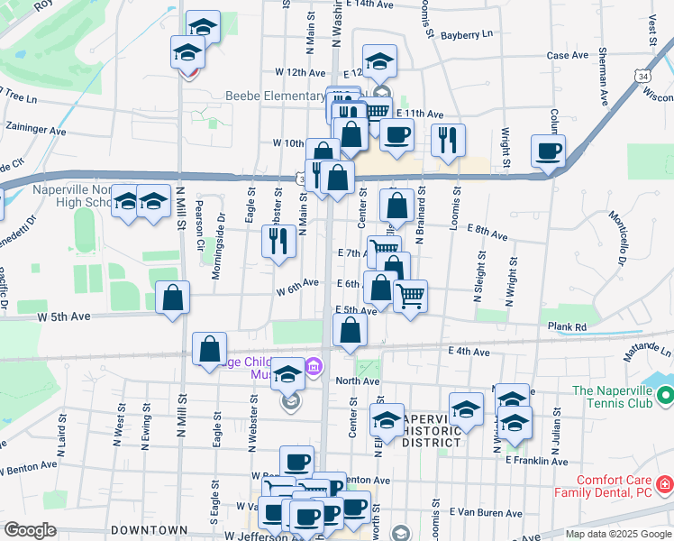 map of restaurants, bars, coffee shops, grocery stores, and more near 616 N Washington St in Naperville