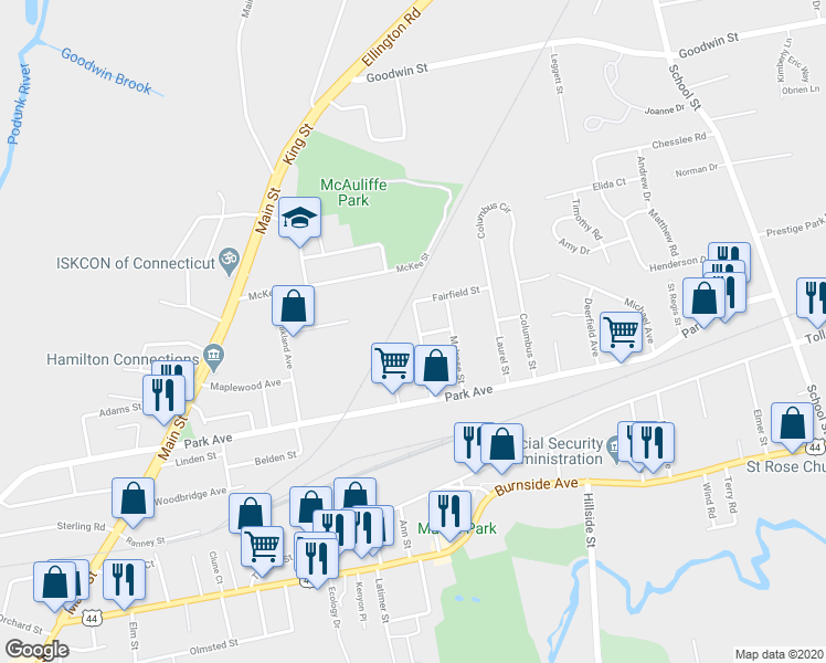 map of restaurants, bars, coffee shops, grocery stores, and more near 53 Garden Street in East Hartford