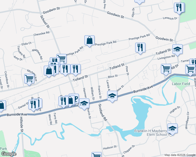 map of restaurants, bars, coffee shops, grocery stores, and more near 2 Bliss Street in East Hartford