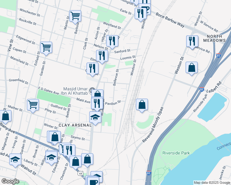 map of restaurants, bars, coffee shops, grocery stores, and more near 205 Bellevue Street in Hartford