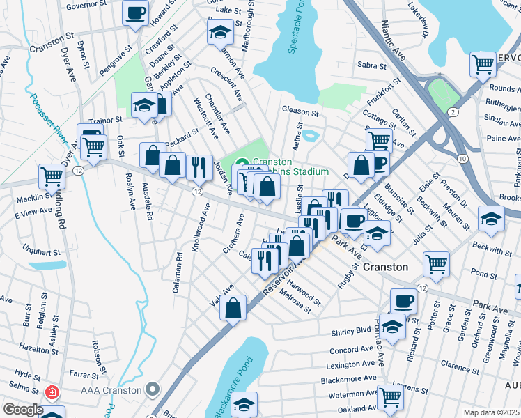 map of restaurants, bars, coffee shops, grocery stores, and more near 1063 Park Avenue in Cranston