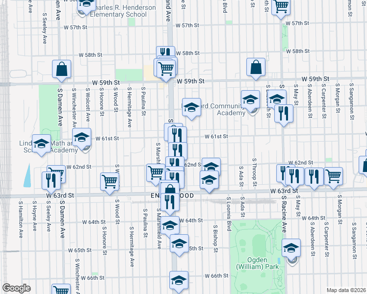map of restaurants, bars, coffee shops, grocery stores, and more near 6120 South Justine Street in Chicago