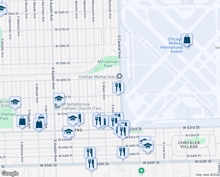 map of restaurants, bars, coffee shops, grocery stores, and more near 6034 South Parkside Avenue in Chicago