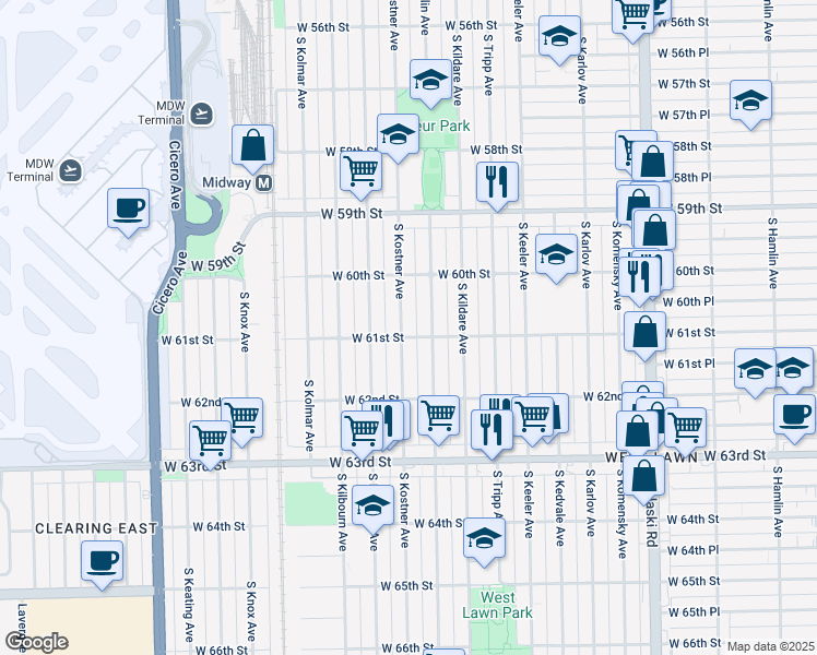 map of restaurants, bars, coffee shops, grocery stores, and more near 6053 South Kostner Avenue in Chicago