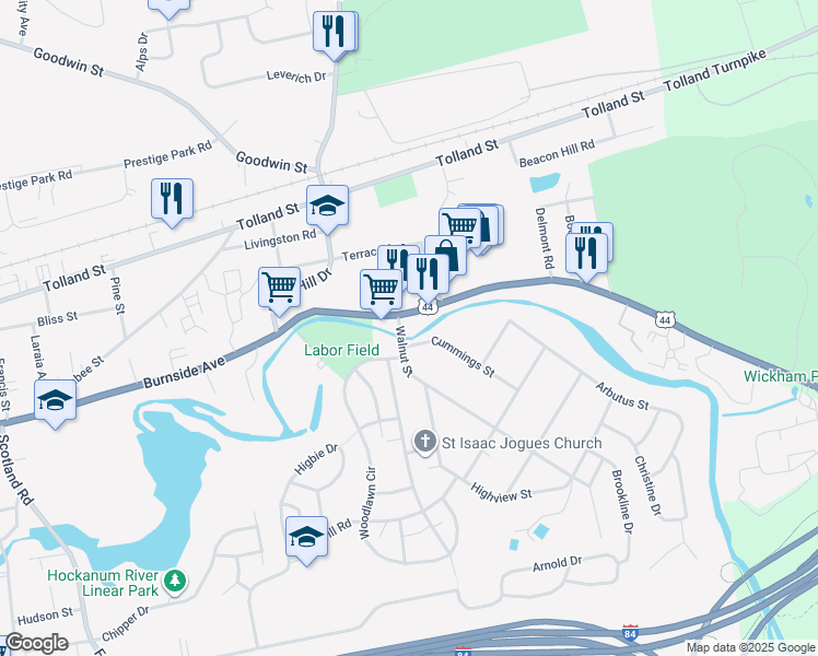 map of restaurants, bars, coffee shops, grocery stores, and more near 1083 Burnside Avenue in East Hartford
