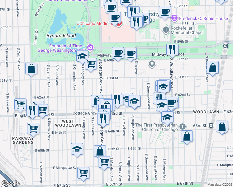 map of restaurants, bars, coffee shops, grocery stores, and more near 6140 South Drexel Avenue in Chicago