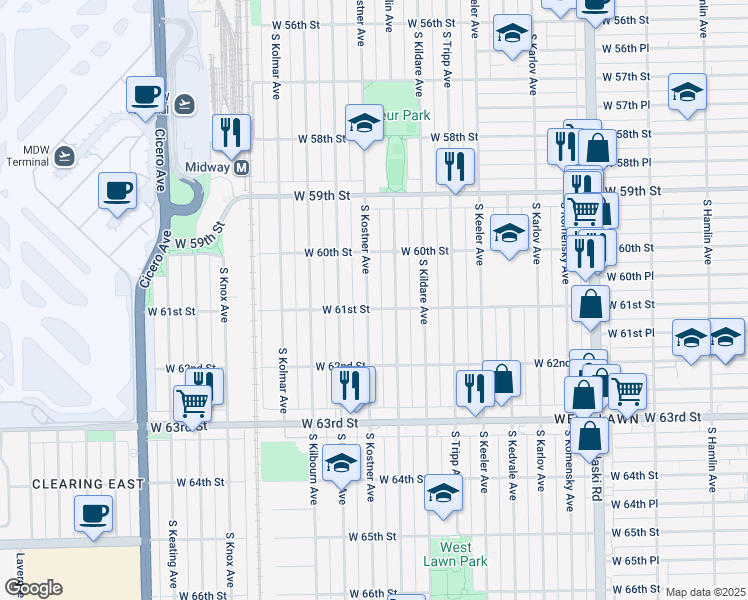 map of restaurants, bars, coffee shops, grocery stores, and more near 6053 South Kostner Avenue in Chicago