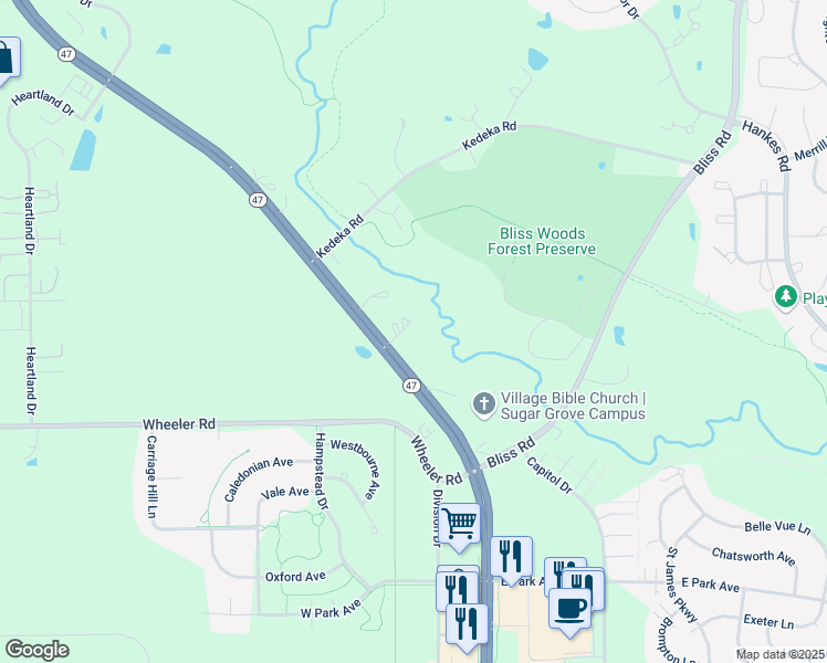 map of restaurants, bars, coffee shops, grocery stores, and more near 5S841 Illinois 47 in Sugar Grove