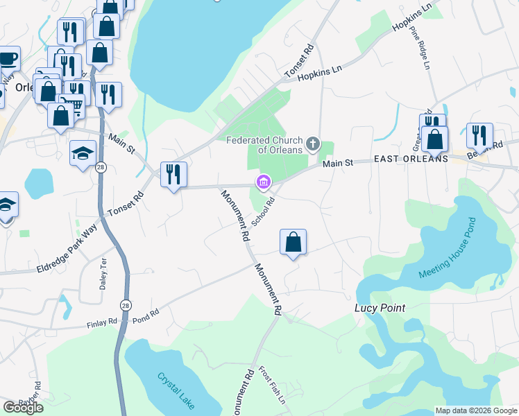 map of restaurants, bars, coffee shops, grocery stores, and more near 139 Main Street in Orleans