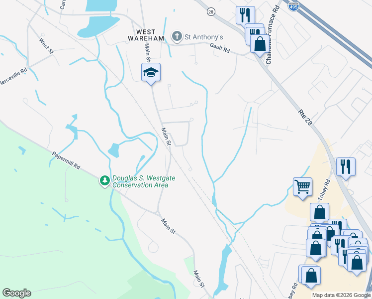 map of restaurants, bars, coffee shops, grocery stores, and more near 2 Hatchery Lane in Wareham
