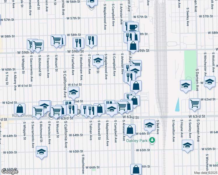 map of restaurants, bars, coffee shops, grocery stores, and more near 6111 South Maplewood Avenue in Chicago