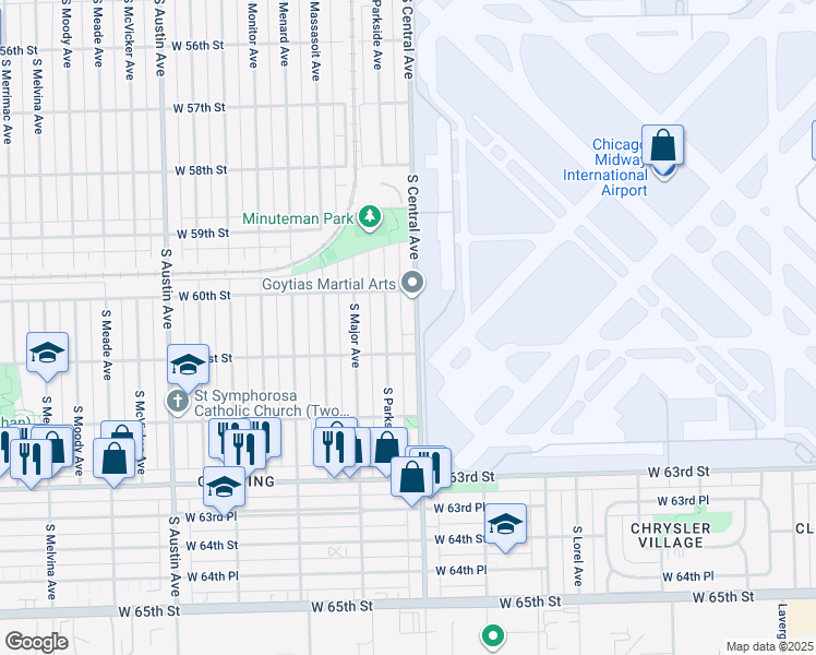map of restaurants, bars, coffee shops, grocery stores, and more near 6032 South Central Avenue in Chicago